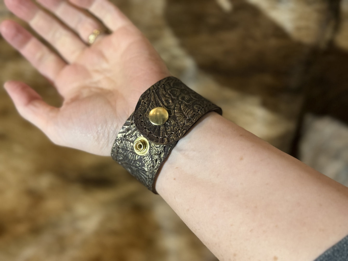 Hand-Painted Floral Leather Cuff Bracelet